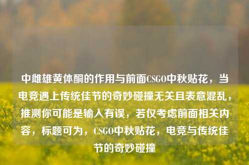 中雌雄黄体酮的作用与前面CSGO中秋贴花,当电竞遇上传统佳节的奇妙碰撞无关且表意混乱,推测你可能是输入有误,若仅考虑前面相关内容,标题可为,CSGO中秋贴花,电竞与传统佳节的奇妙碰撞