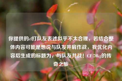 你提供的cf打队友表述似乎不太合理,若结合整体内容可能是想说与队友并肩作战,我优化内容后生成的标题为,与队友共战!CF 70kg的传奇之旅